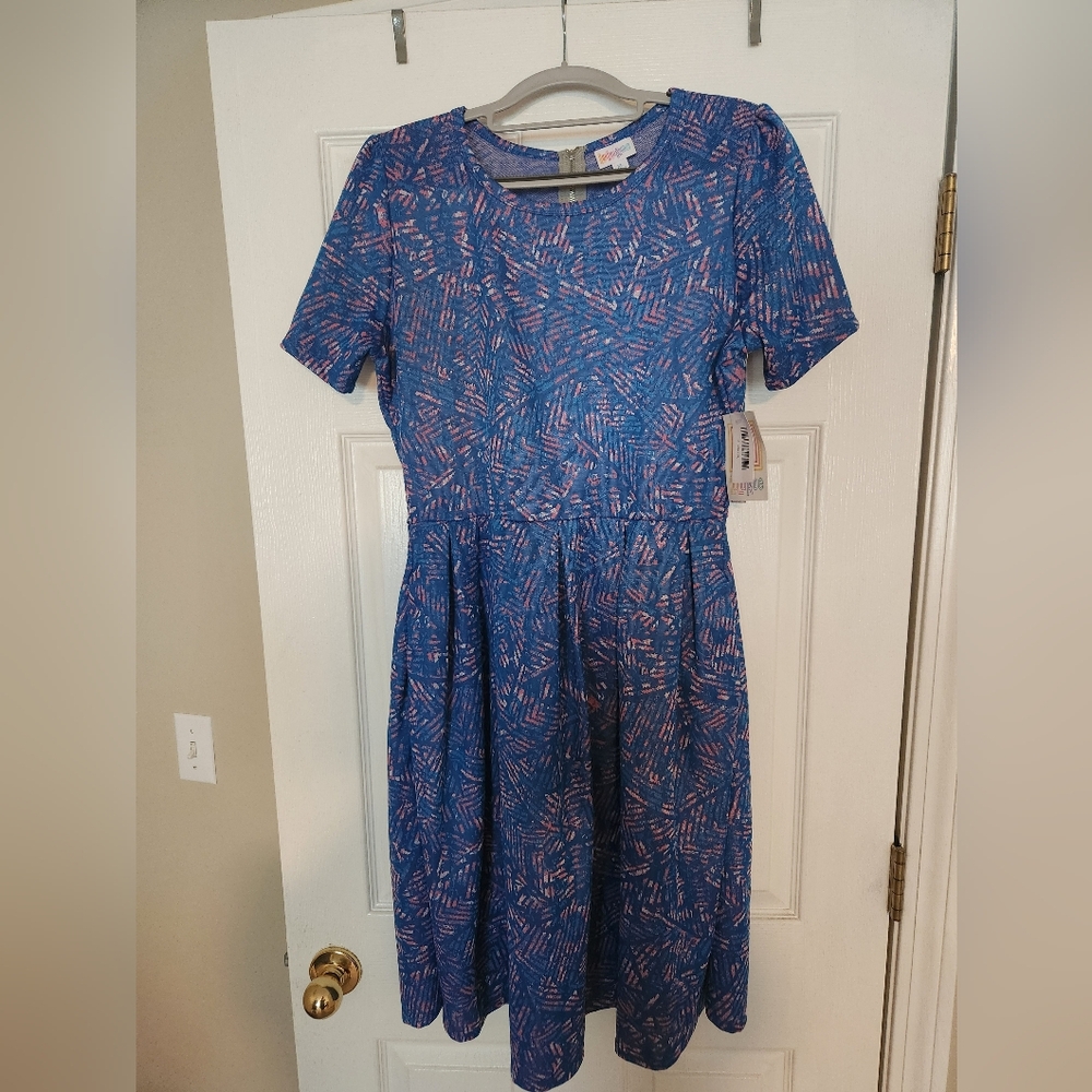 LuLaRoe- Amelia Blue A-Line Dress Short Sleeve Crew Neck